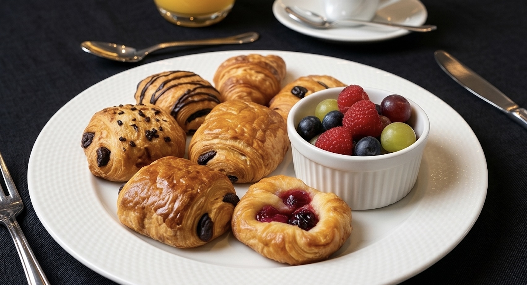 Panes con fruta, café y jugo